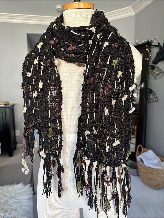 Accessories - Black Textured Fringe Scarf with Multicolor Flower Accents
